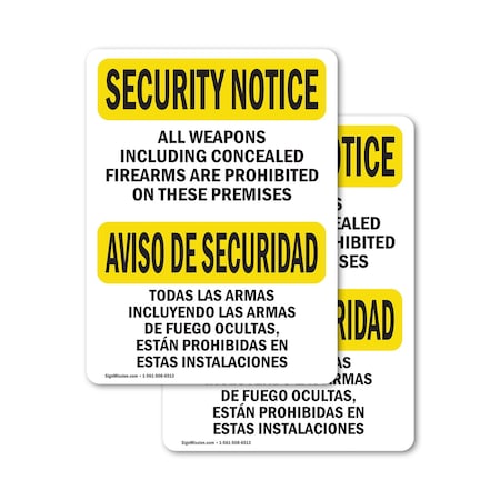Signmission All Weapons Prohibited Bilingual OSHA Security Notice Sign, Vinyl Decal, 5in W x 7in L, 2PK OS-2PACK-SN-D-57-L-11507